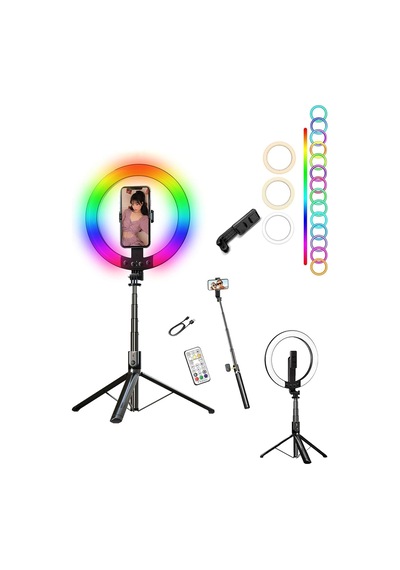 Rgb Halka Işık Uzun Tripod Selfie Çubuğu 1.9m-1200 Mah Şarjlı Kumandalı Ring Light Telefon Tutucu