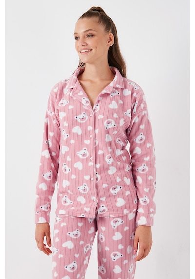 Lela Standart Fit Düğmeli Polarlı Bayan Pijama Takımı 6095617 Pudra