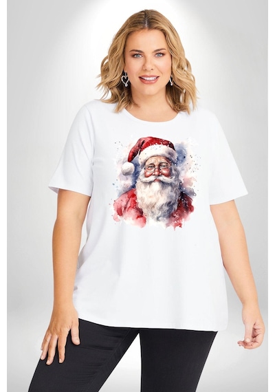 Angemiel Mutlu Noel Baba Yeni Yıl Tasarımı Beyaz Büyük Beden Kadın Erkek Ünisex Basic Ön Baskılı Tişört Beyaz