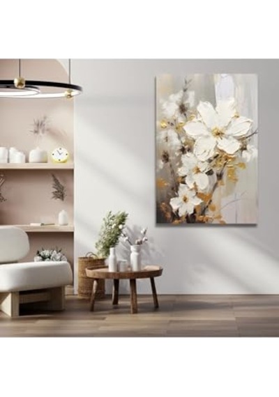 Tekli Dikey Kanvas Salon Tablosu Yağlı Boya Görünümlü Beyaz Çiçek, 30 X 40 -
