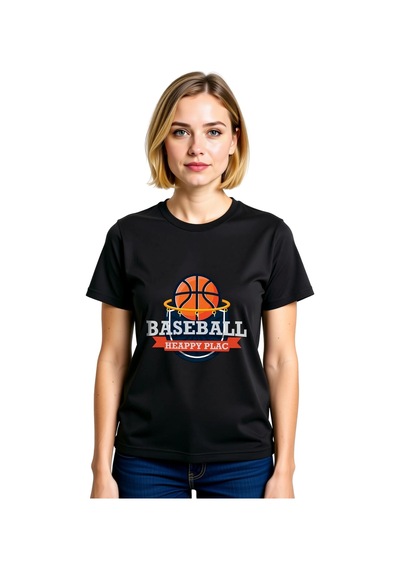 Paybuy Kadın Basketbol Baskılı Günlük Tişört Yuvarlak Yaka Kısa Kol %100 Siyah