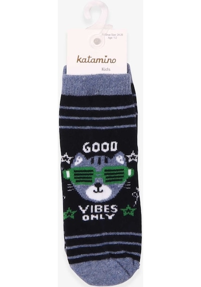 Katamino Breeze Erkek Çocuk Soket Çorap Kedili Lacivert (1-2-7-8 Yaş)