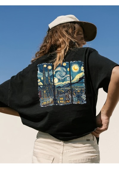 Uyguntarz Unisex Şehir Manzaralı Vangogh Baskılı Oversize Tişört Siyah