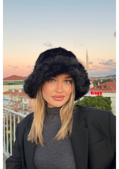 Mollycrush Suni Kürklü Peluş Bucket Kalpak Şapka Luxury Kadın Siyah Rus Slav Tarzı Siyah