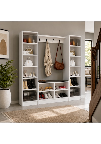 Lucas Çift Boy Dolaplı Portmanto Vestiyer Ayakkabılık Askılıklı Oturma Banklı Antre Dolabı 182x170x35 Cm Beyaz Lucas Çift Boy Dolaplı Portmanto Vestiyer Ayakkabılık Askılıklı Oturma Banklı Antre Dolabı 182x170x35 Cm Beyaz