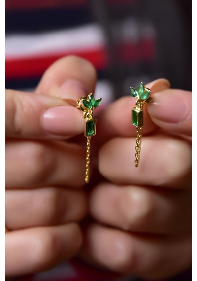 925 Ayar Gümüş Gold Zümrüt Rengi Zirkon Taşlı Taç Model Zincir Sallantılı Küpe Taç 48342779