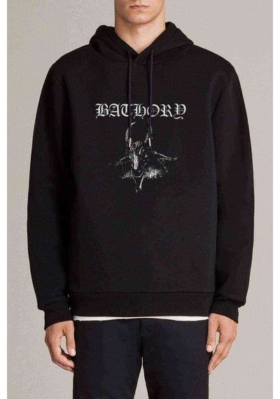 Bathory Logo Baskılı Siyah Erkek Örme Kapşonlu Sweatshirt
