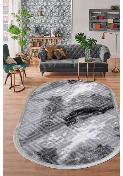 Dijidekor Halı Antrasit Cool Karo Saçaklı Oval Kesme İnce Yol...