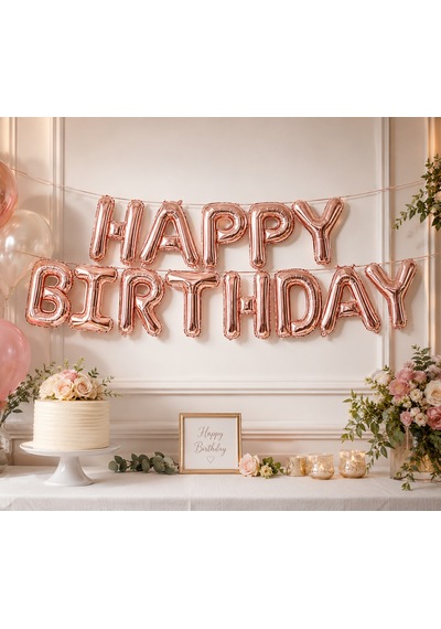 Happy Birthday Rose Gold Folyo Balon Yazı Seti 13 Parça İpli Doğum Günü Parti Süsü Dekoru Çok Renkli