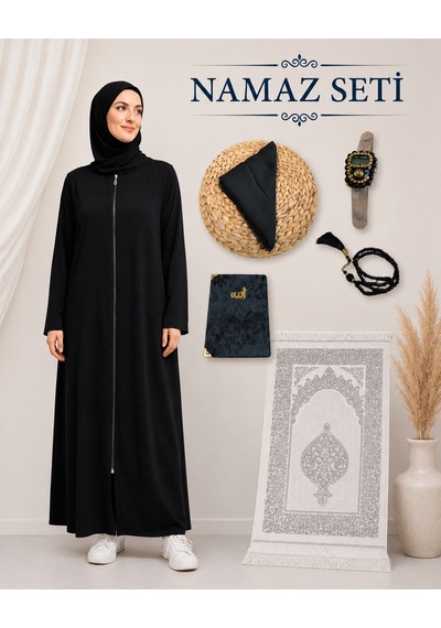 Bilenler Kadın Namaz Seti Fermuarlı Namaz Elbisesi Seccade Örtü Yasin Tesbih Zikirmatik Siyah