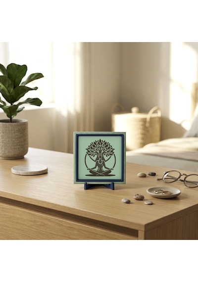 Meditasyon Yapan Figür Ve Hayat Ağacı Temalı Masaüstü Aksesuarı, Dingin Ve Zarif Bir Hatıra 10x10 Cm