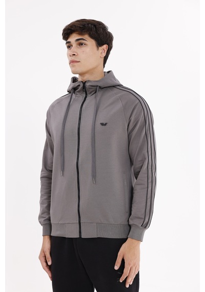 Rowinger Çift Şerit Kol Detaylı Tam Fermuarlı Cepli Rahat Kalıp Ayarlanabilir Kapüşonlu Sweatshirt Antracite