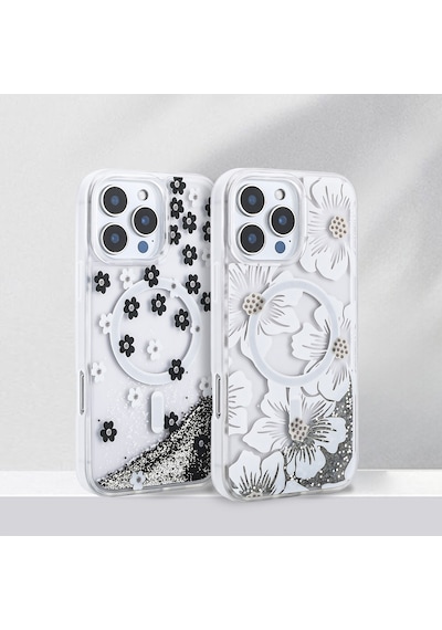 Apple Uyumlu iPhone 14 Pro Max Kılıf Sıvılı Simli Baskılı Şeffaf Arka Yüzey Tchs Mossa Silikon Kapak - Siyah Siyah