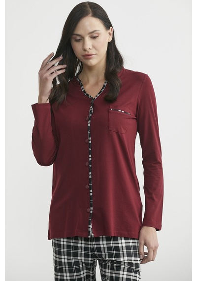 Sementa Ekose Kombinli Düğmeli Pijama Takım - Bordo Bordo
