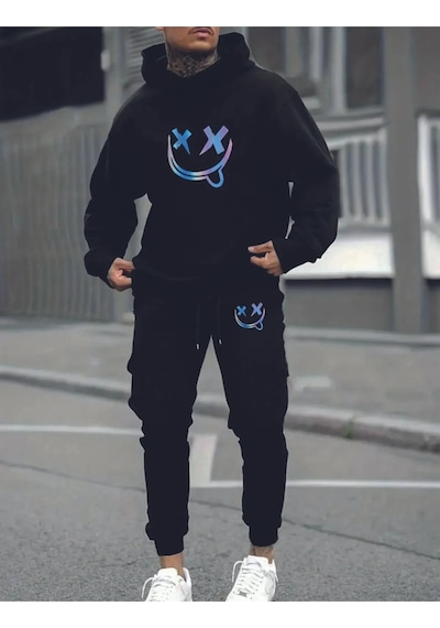 Hırsch Siyah Erkek Oversize Basic Kapüşonlu Paçası Lastikli Smile Baskılı Pamuklu Eşofman Takımı Siyah Hırsch Siyah Erkek Oversize Basic Kapüşonlu Paçası Lastikli Smile Baskılı Pamuklu Eşofman Takımı Siyah