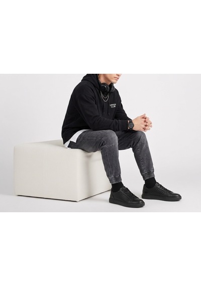 Growish Gd0111 Hakiki Deri Yüksek Taban Modern Örgü Desen Yüksek Eva Taban Siyah Sneaker Ayakkabı Siyah - Siyah