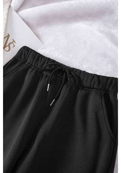 Merry See Lastik Paça Yüksek Bel İçi Şardonlu Özel Kumaş Eşofman Altı Jogger Siyah