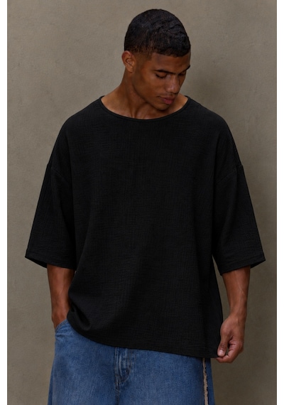 Tarz Cool Erkek Oversize Keten Görünümlü Basic Tişört Salaş Kesim Bisiklet Yaka Günlük Streetwear T-shirt Siyah