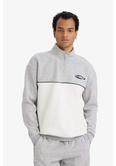 Defacto Boxy Fit Dik Yaka Yarım Fermuarlı Baskılı Kalın Sweatshirt F3825ax25wngr369 Gri