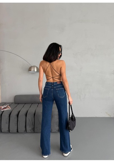 Yırtmaç Detaylı Boru Paça Dark Blue Lycra Jean Mavi+dark