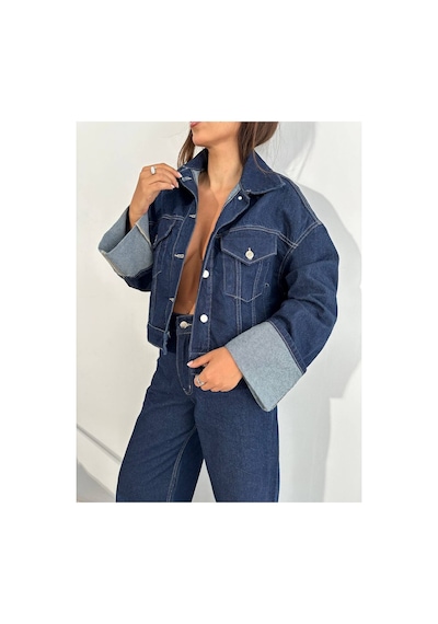 Zdnjeans W1910 Kolu Katlamalı Lacivert Crop Denim Ceket