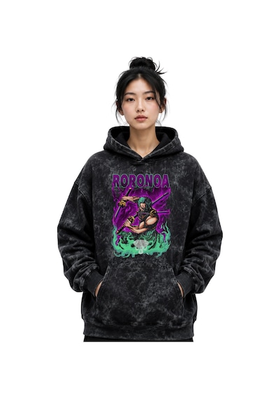 Sevbano One Piece Roronoa Zoro Anime Baskılı Unisex Oversize Yıkamalı Pre Siyah