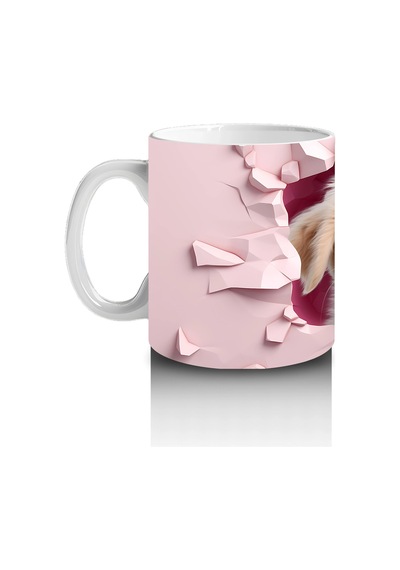 Pembe Kalp Duvarı Delen Sarı Köpek Baskılı Kahve Kupası Renkli