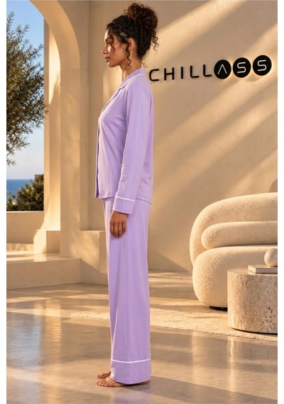 Chıllass Kadın Pamuklu Uzun Kollu Pijama Takımı Önden Düğmeli Lila Lila