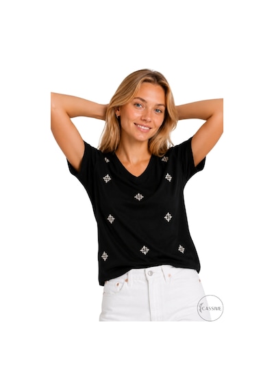 Cassime Kadın Siyah Çiçek Taşlı %100 Pamuk Relaxed Fit Basic Tişört