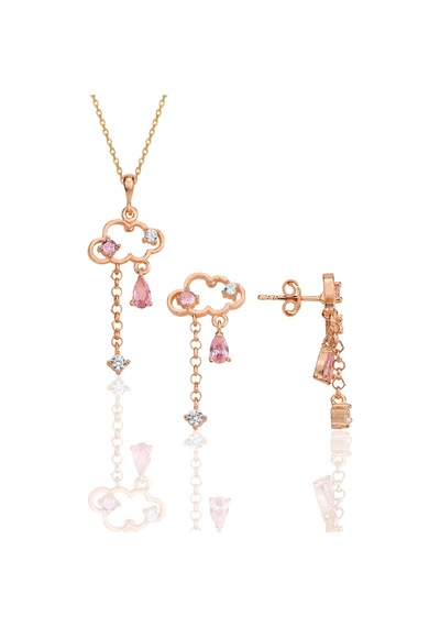 Gümüş Rose Pembe Zirkon Taşlı Bulut Kolye Ve Küpe İkili Set Barcode Pembe Altın
