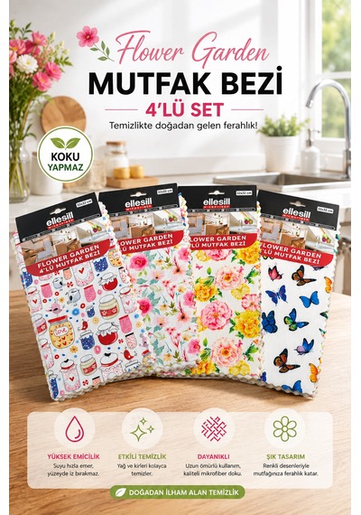4 Lü Mikrofiber Mutfak Temizlik Bezi 32x32 Cm Koku Yapmaz - Flower Garden Mix
