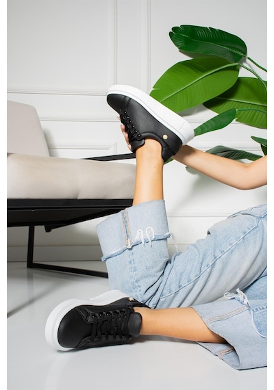 Shoetek Kadın Sneakers Deri Bağcıklı Agatha Siyah/beyaz Beyaz  - Siyah