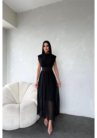 Neşeli Butik Kadın Kuşağı Taş Detaylı Midi Şifon Elbise Nbmy3509 Siyah
