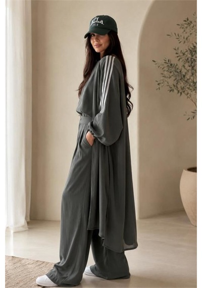 Neşeli Butik Kadın Haki Şerit Detaylı Oversize Tunik Pantolon İkili Tesettür Takım Nms102