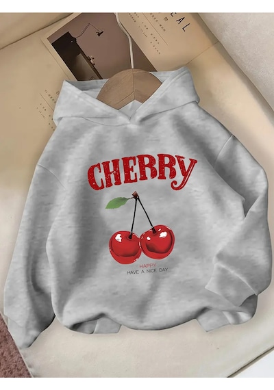 Uyguntarz Happy Cherry Baskılı Oversize Çocuk Sweatshirt Gri