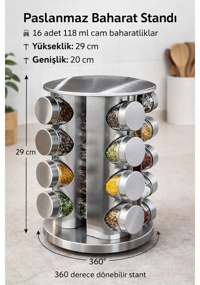 Makri Home 16'lı Döner Baharatlık Seti Krom Yuvarlak Stantlı 118 Ml Cam Kavanoz 360 Döner 29x20 Cm Diğer