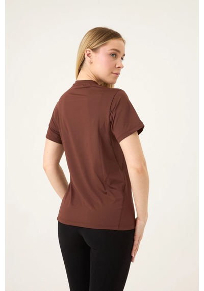 Zoor Kadın Kısa Kol Compression Fitness Gym Spor Body Tshirt Kahverengi