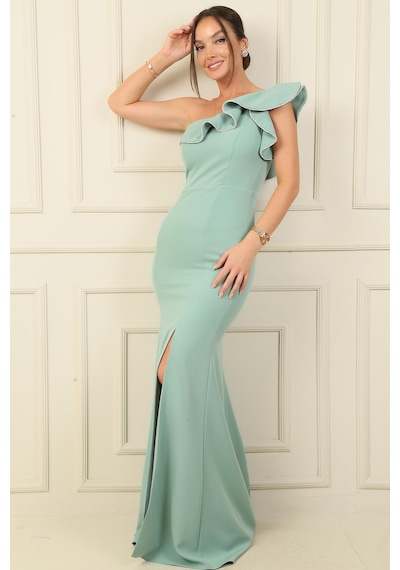 By Saygı Tek Omuz Şerit Taşlı Eteği Yırtmaçlı Astarlı Uzun Krep Abiye Elbise-38350-mint By Saygı Tek Omuz Şerit Taşlı Eteği Yırtmaçlı Astarlı Uzun Krep Abiye Elbise-38350-mint