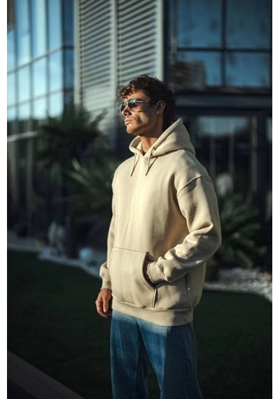 Efnaz Style Üç İplik Penye Kapşonlu Basic Sweatshirt - Bej