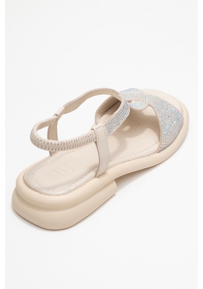 Luvishoes Aurora Ekru Hakiki Deri Taşlı Kadın Sandalet Ekru