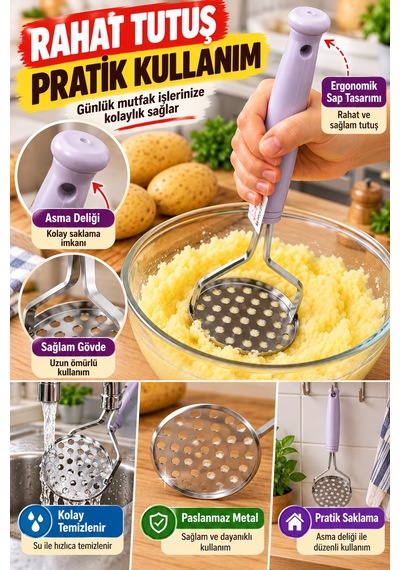 Metal Patates Ezici Püre Yapıcı Domates Sebze Ezme Aparatı Paslanmaz Çelik 25 Cm 8 Cm Mutfak Gereci