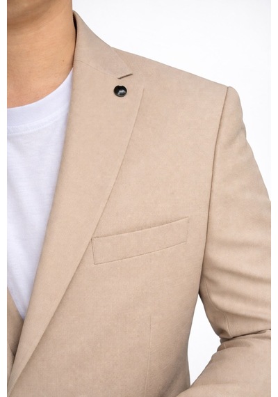 Erkek Gofre Desenli Takım Elbise Bağcıklı Pantolon Duble Paça Tek Düğme Modern Slim Fit Bej
