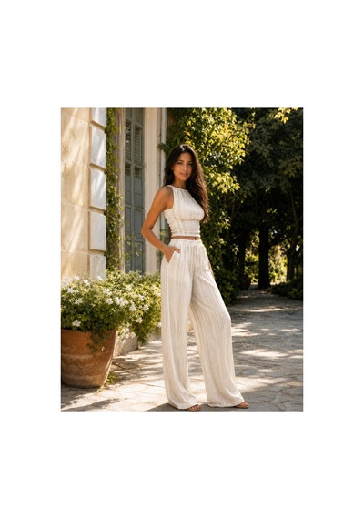 Unika Boutique Crop Pantolon Takım Kadın Şık Yazlık Fitilli Bej