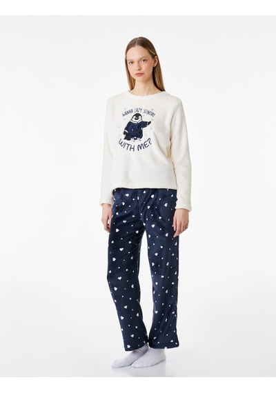 Koton Rahat Kesim Penguen Baskılı Polar Pijama Takımı Lacivert Desenli 6wlk40021mk
