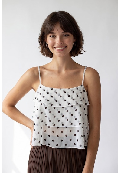 Mixray 4943 Kadın Puantiyeli Şifon Fırfırlı Askılı Crop Bluz Beyaz