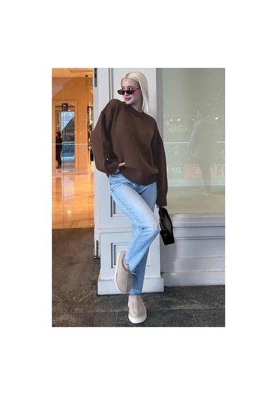 Flex Fashıon Kadın Kahverengi Trend Popüler Oversize Triko Kazak - Yumuşak Dokulu Bisiklet Yaka Kahverengi - 730329404 Kahverengi - 730329404 Kahverengi