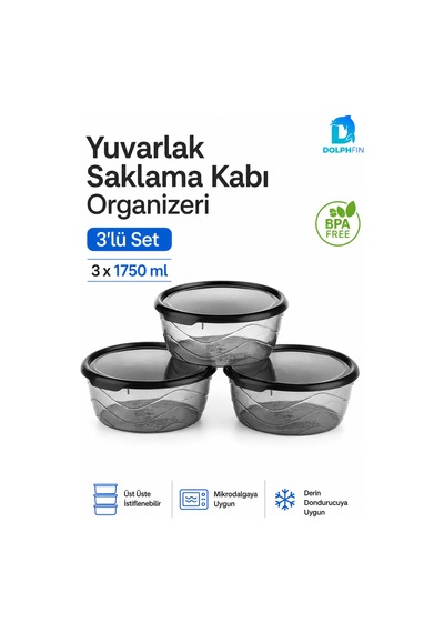 3 Lü Yuvarlak Saklama Kabı Seti 3x1,75 Litre Füme Şeffaf Siyah Kapaklı Bpa İçermez