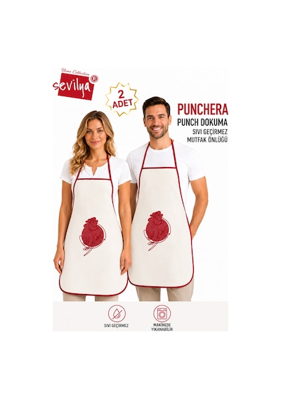 Punchera 2li Paket Punch Nakışlı Sıvı Su Geçirmez Mutfak Önlüğü Kırmızı Gül