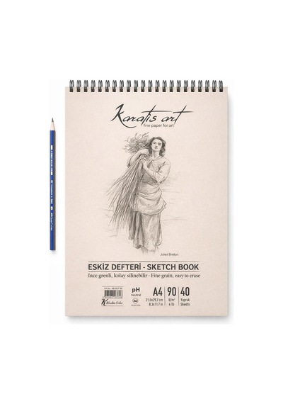 A4 Eskiz Defteri, İnce Grenli, Kolay Silinebilir Ph Nötr Kağıt, Spiralli Sketch Book, 90 G/m²,