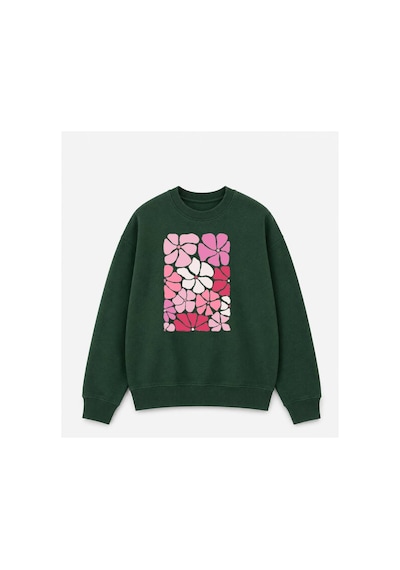 Herkesemoda Renkli Çiçekler Baskılı 2 İplik Şardonlu Bisiklet Yaka Sweatshirt Yeşil